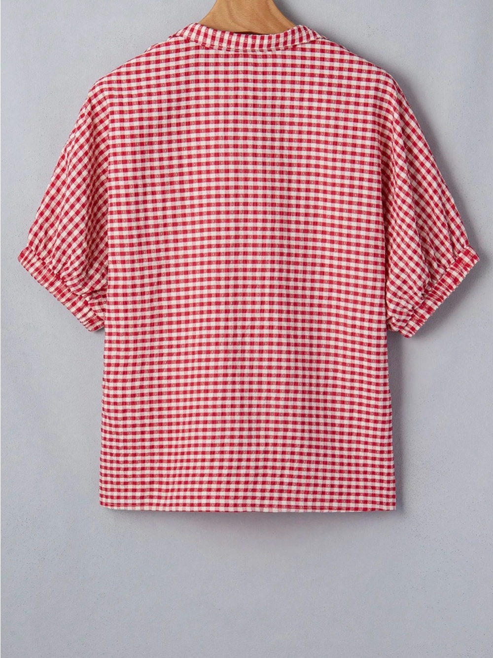 Boutique Red and White Gingham Short Sleeve Colorblock Trim Puff Sleeve Blouse - Picture 4 of 6